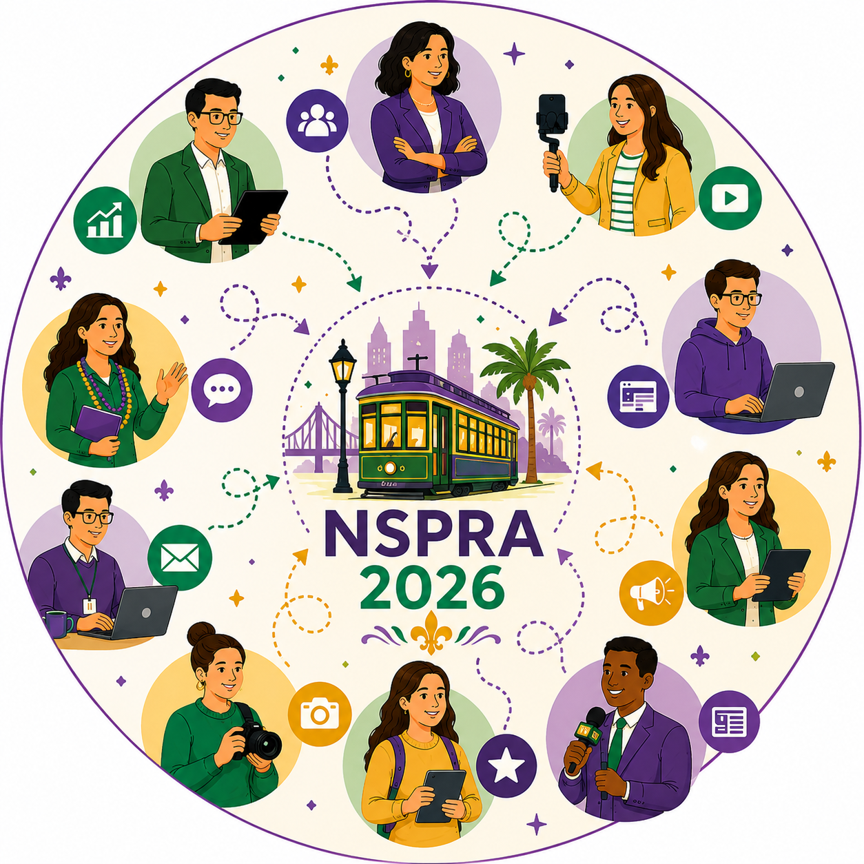 Illustration of school communication professionals following different paths to NSPRA 2026 in New Orleans.