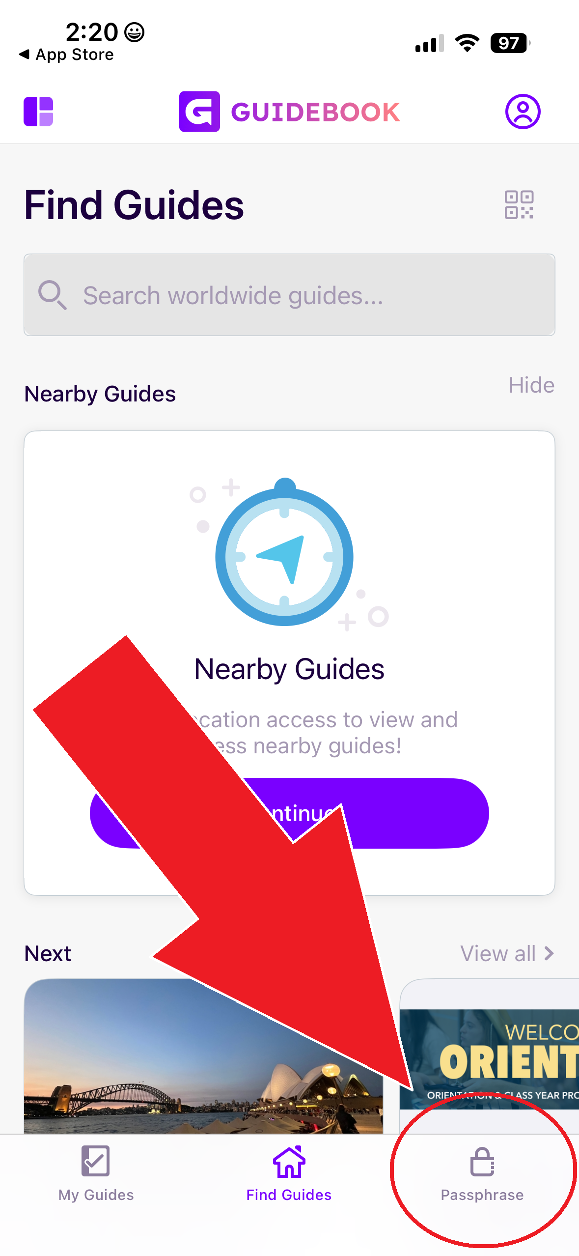Guidebook screen showing the Passphrase option