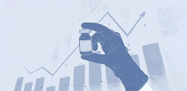Illustration of gloved hand holding a medicine bottle in front of bar chart graphic.